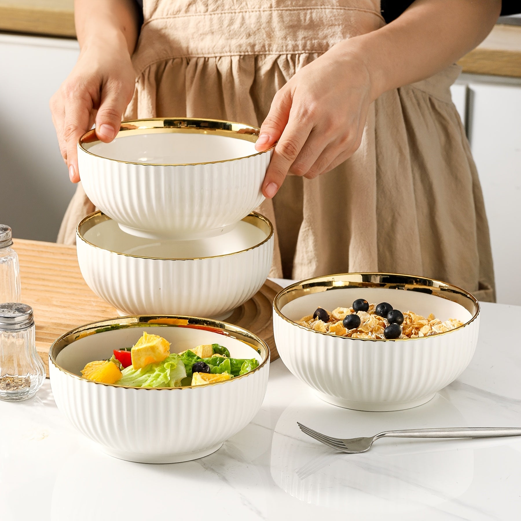 2-Piece Ceramic Bowl Set, 27oz Soup Bowl, 6-Inch, Gold Rim Striped Edge – Perfect for Salad, Cereal, Dessert, Rice & Pasta in the Kitchen
