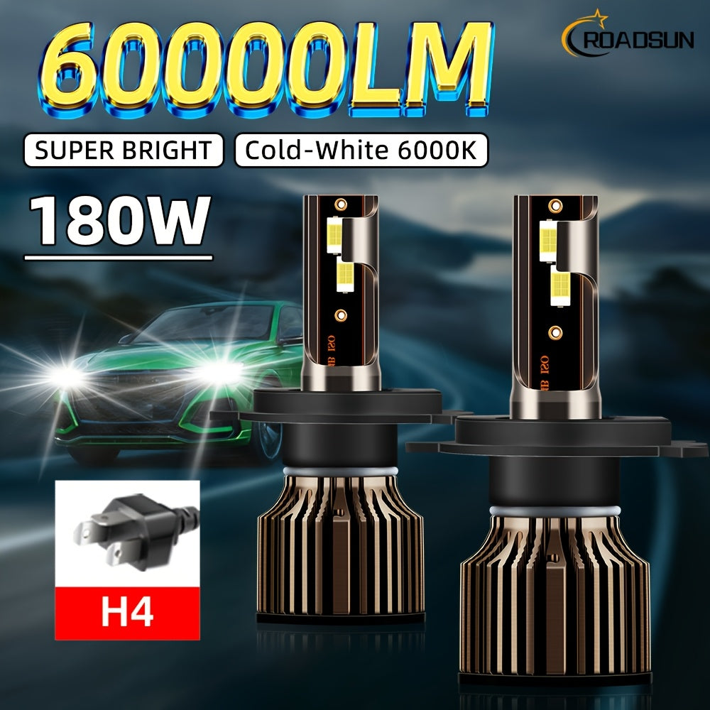 ROADSUN offers a set of 2 LED bulbs, compatible with H1, H7, H11, 9005, 9006, H4, H13, 9007 and 9004 types, providing a super bright output of 60000 lumens at 180 watts, and a color temperature of 6000K