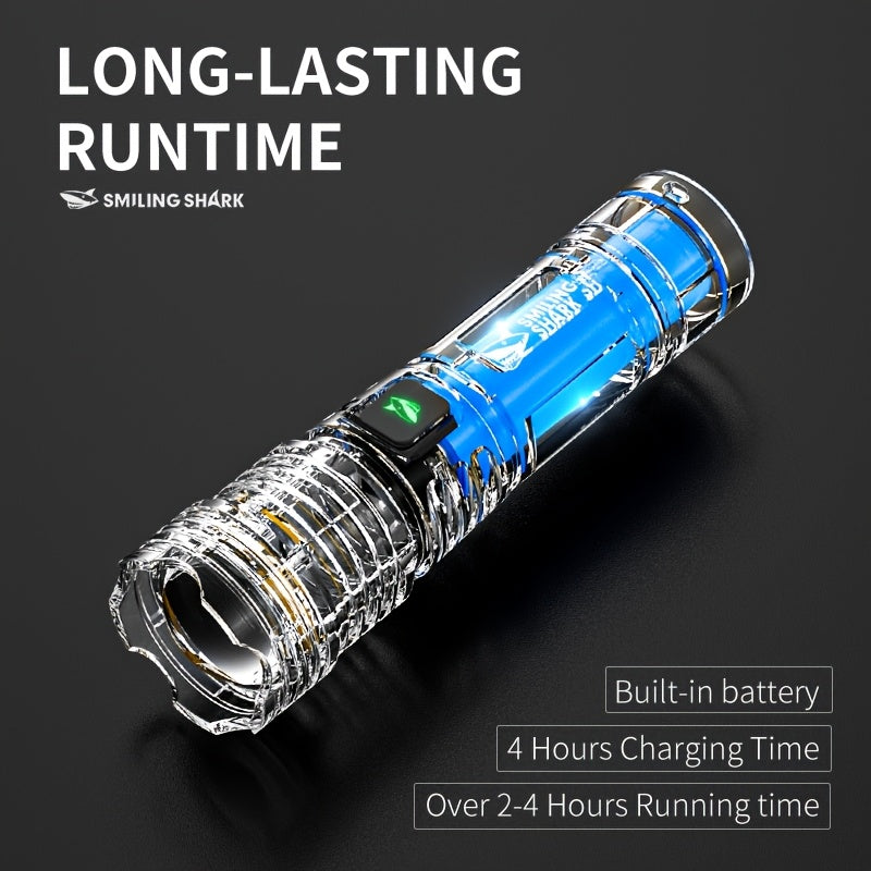 1Pc/2Pcs/3Pcs SMILING SHARK Rechargeable Flashlight, Super Bright Handheld Light, LED Torch, Zoomable High-Light Flashlight, Telescopic Design, Ultra-Long Battery Life, 5 Lighting Modes, Ideal for Home Emergency Hiking Travel SD5404