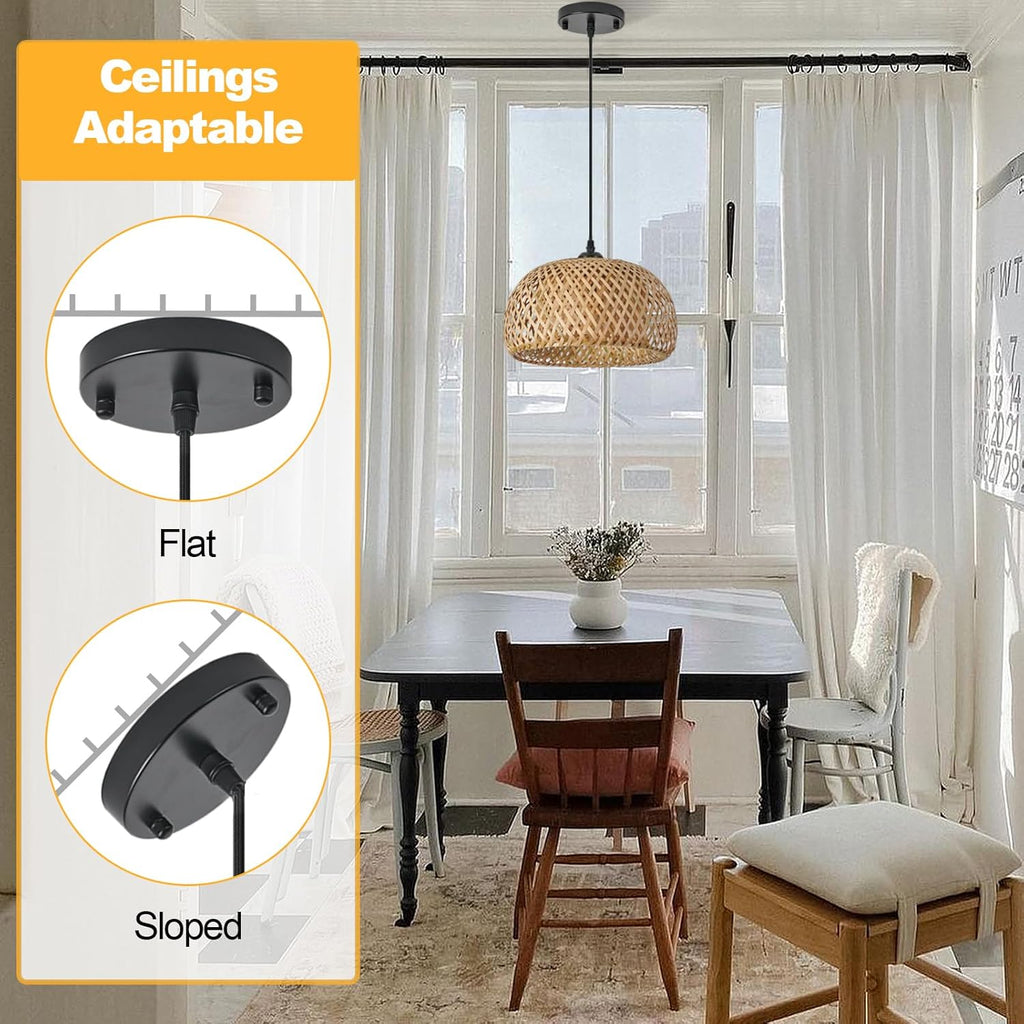 Two-pack, bamboo pendant light, 1 bohemian round basket pendant light hand-woven pendant light, natural bamboo rattan hanging pendant light, suitable for kitchen island, dining room, living room, porch.