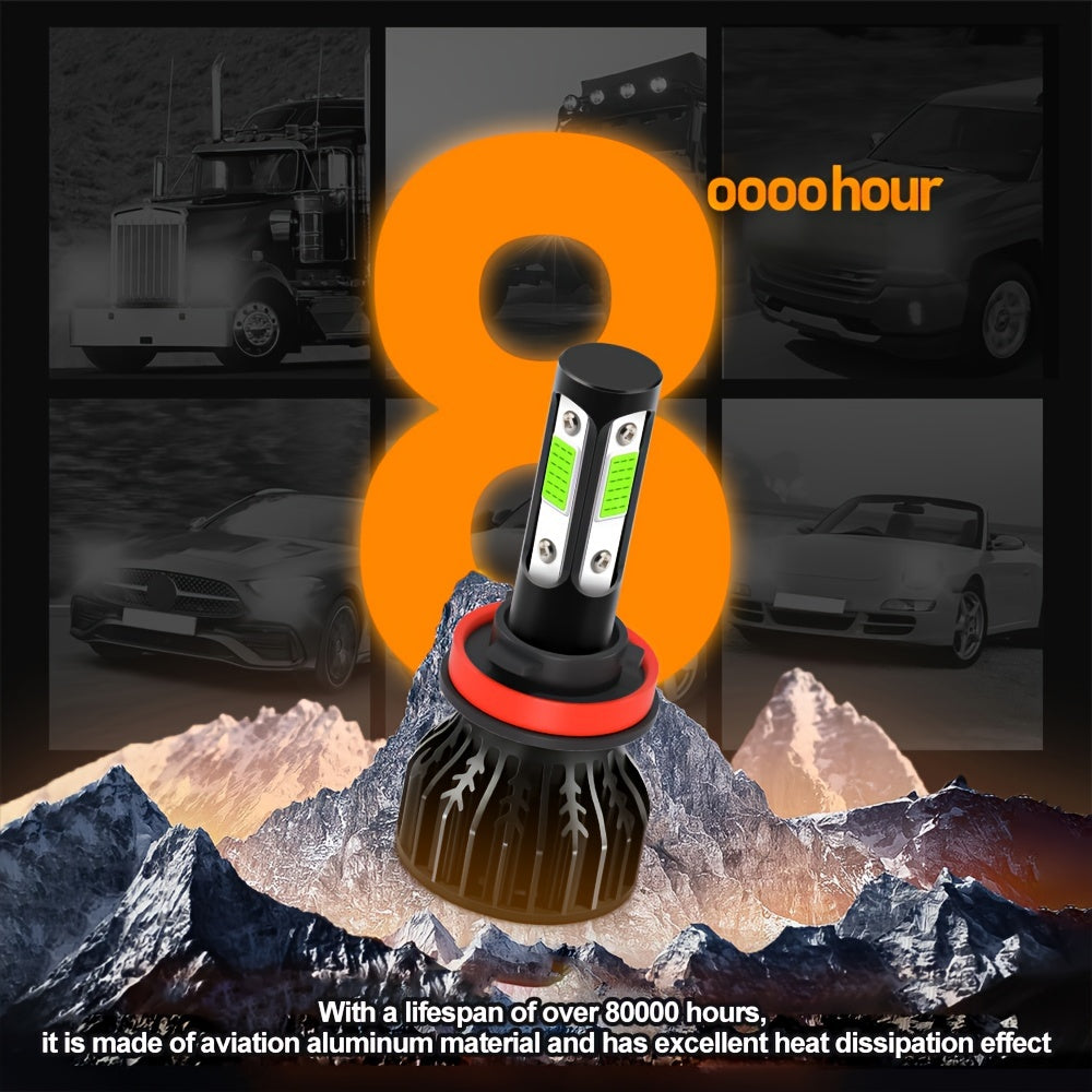 2 High/Low Beam Headlights, Luminous Intensity 30000 Lumens, 8000K Ice Blue Light, Equipped with 4 Side COB Chips, Including Models 9005/HB3, 9006/HB4, H4, H7, H11, H13, 9004 and 9007, No Battery Included