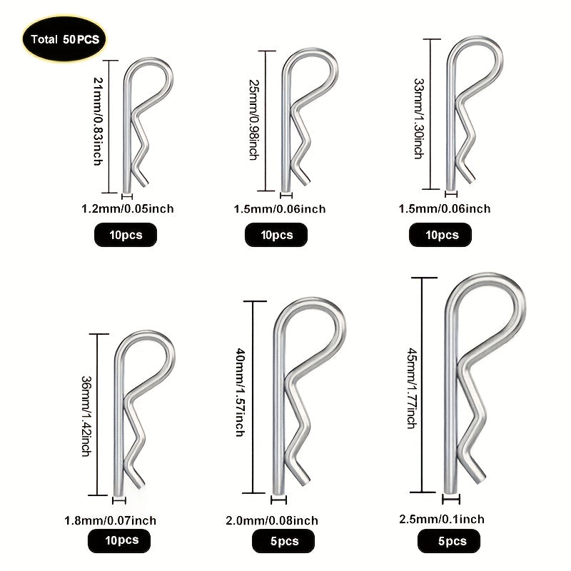 50PCS R-Clip Cotter Pin Assortment Kit – Heavy Duty R-Type Spring Fasteners, 6 Sizes Hardware Pins for Trailer Locking Pin, Trailer Clips, Lawn Mower, Truck, Mechanic‘s First Choice