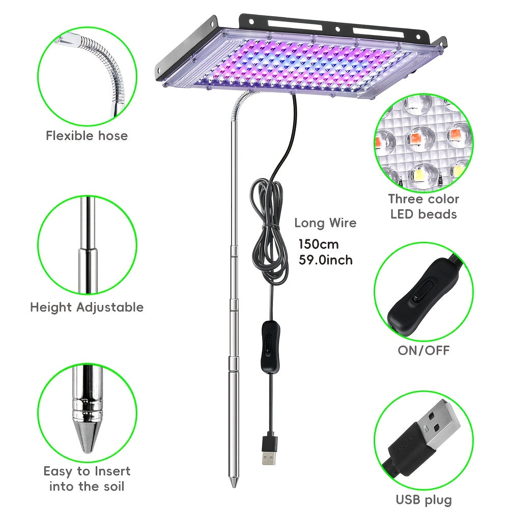 144/96/50 LED Full Spectrum Plant Grow Light with Ground Insert Stand, Easy Installation, Large Lighting Coverage, Equipped with USB Plug, On/Off Switch and 150cm Power Cord, Ideal for Indoor Seedling Cultivation, Promotes Plant Leaf Growth