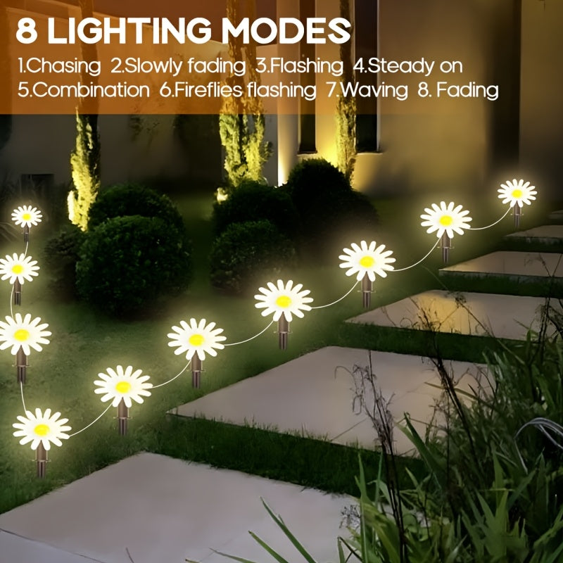 10-Piece/Set Solar Garden Flower Light, Daisy Design, 8 Lighting Modes, Suitable for Stairs, Fence, Garden, Balcony, Courtyard Decoration, IPX4 Outdoor Solar Light, Perfect for Valentine's Day and Holiday Celebrations