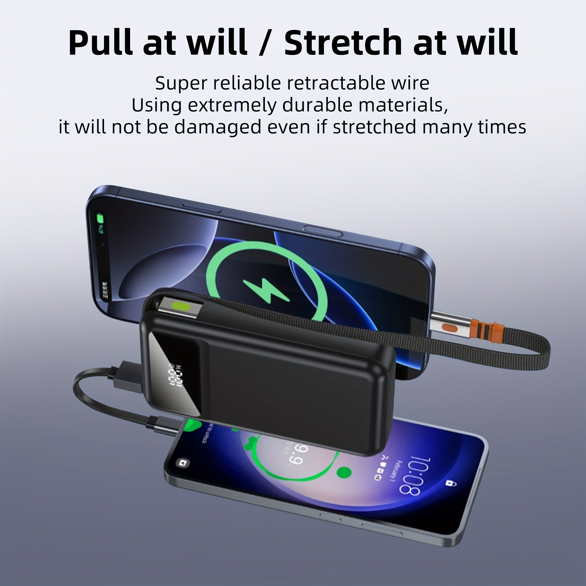 Portable Charger with 10000Mah Capacity, Features a Built-In 2.3-Foot Retractable Cable, Essential for Travel, Fast Charging Power Bank, USB C Battery Pack with LED Display.