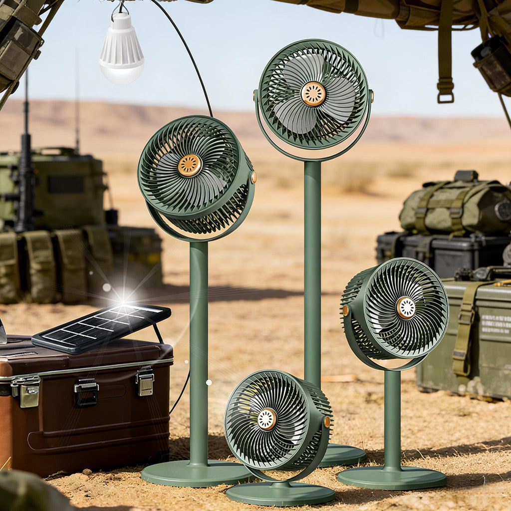 5-Speed Solar Powered Standing Fan, 4 Adjustable Heights Portable Outdoor Fan for Camping & Barbecue, Type-C Fast Charging, 4000mAh Long Lasting Battery, Brushless Motor Built-in Rechargeable Lithium Battery