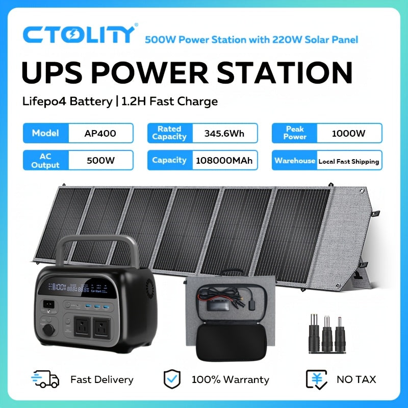 Ctolity 110W 太陽能板 (單體販售), 2400W/ 1800W/ 500W (峰值 4800W/ 3600W/1000W) 可攜式電源站, 2048Wh/ 1024Wh/ 345Wh LifePO4 電池, 400W/ 200W/ 100W 太陽能板可用於直接充電手機、筆記型電腦, UPS 功能