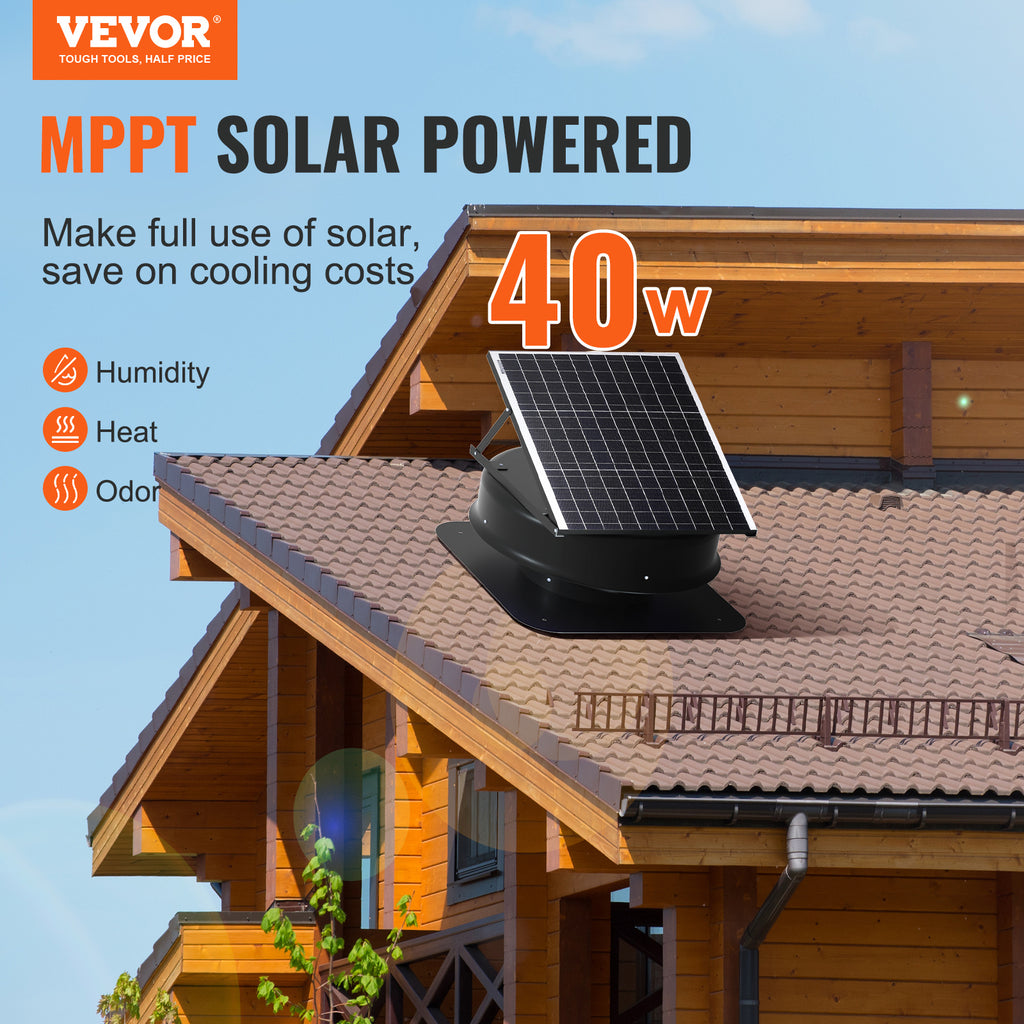 VEVOR Solar Attic Fan, 40W, 1230 CFM High-Airflow Solar Roof Vent Fan, 110V Smart Adapter, Low Noise & Wind-Resistant, for Home, Greenhouse, Garage, Store, RV, FCC Certified