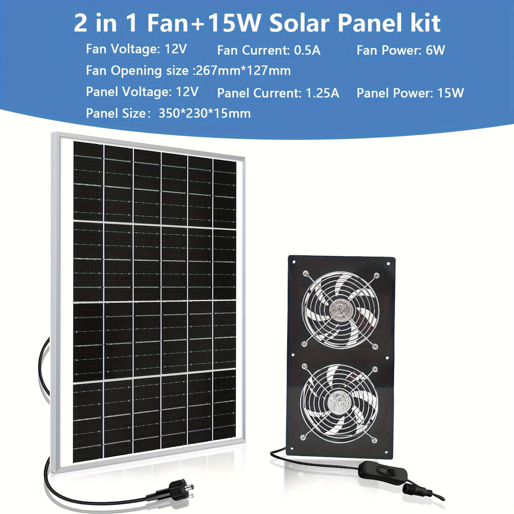 Solar Fan, Solar Exhaust Fan / Greenhouse Solar Fan / Solar Fan for Attic, Shed, Barn, Chicken Coop and Dog House (15W Solar Panel + 2Pcs Solar Exhaust Fan)