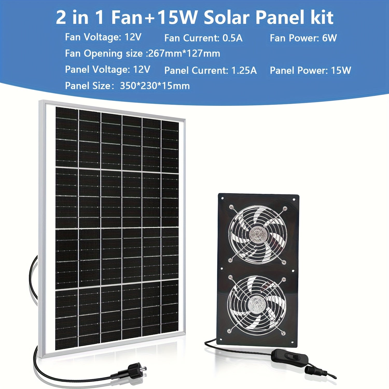 Solar Fan, Solar Exhaust Fan / Greenhouse Solar Fan / Solar Fan for Attic, Shed, Barn, Chicken Coop and Dog House (15W Solar Panel + 2Pcs Solar Exhaust Fan)