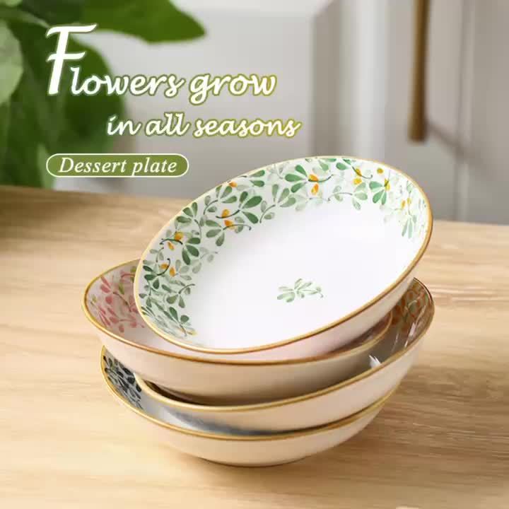 4-Piece Ceramic Dinner Plate Set with Floral Pattern – Perfect for Parties, Hot Pot, Picnics & BBQs – Ideal for Serving Fruit, Vegetables, Desserts & Salad