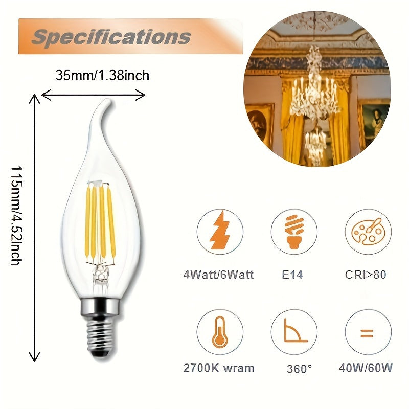 A set of 6 dimmable E12 flame-shaped LED bulbs, emitting 2700K warm white light, power equivalent to 4W/6W to 40W/60W, glass housing, suitable for replacement in living rooms, bedrooms and dining rooms
