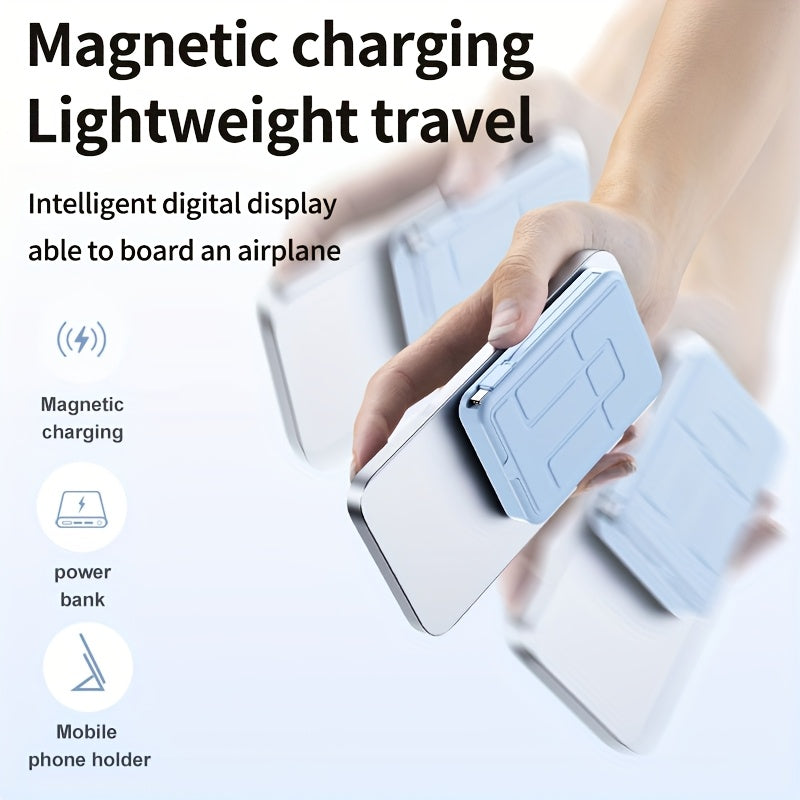 10000mAh 磁性行動電源，USB-C 快速充電外接電池組，內建資料線，可同時為 5 個裝置和筆記型電腦充電，並附支架-適合旅行、工作和日常使用、筆記型電腦、平板電腦、多裝置充電器、旅行、徒步旅行、露營、健身房、辦公室緊急 USB-C 外接電池