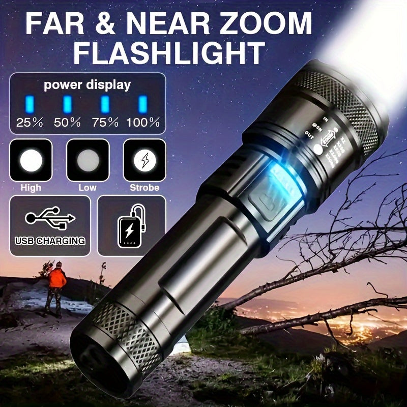 Ultra Powerful XHP50 LED Flashlight, Built-in Rechargeable Battery, Super Bright Zoomable Light, Perfect for Camping, IP65 Waterproof
