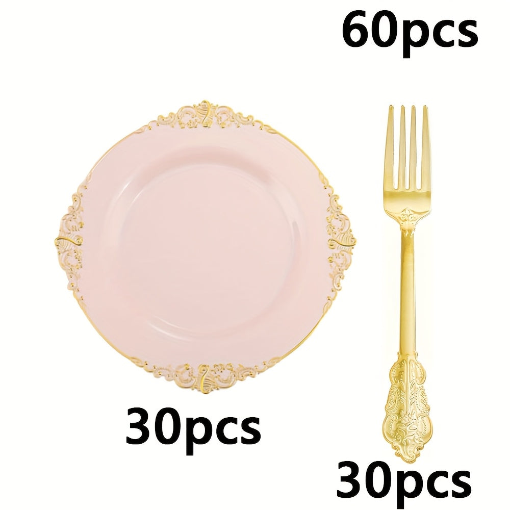 20/60Pcs Pink Vintage Small Plates & Forks Set, Embossed Pattern Edge, Vintage Style, Reusable – Perfect for Wedding Season Dinners, Birthday Balls, Tea Parties, Guest Reception, New Year & Christmas Celebrations