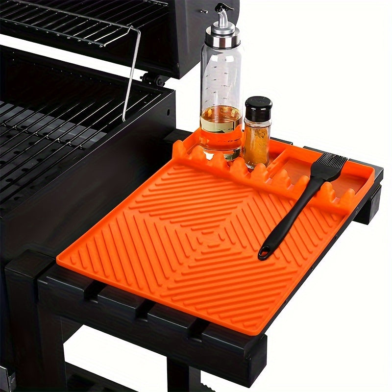 Grill Mat - Blackstone Side Shelf Mat, Silicone Grill Mat for Outdoor Grill & Kitchen Counter, Large Silicone Spatula Mat with Drip Pad, Grill BBQ Tool Holder, Griddle Accessories