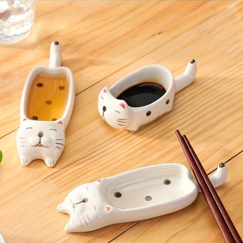 2Pcs/1Set Cat Ceramic Sauce Dish, Ins Japanese Style Cute Cat Multi-Functional Seasoning Tray 10*4.5cm/3.94*1.77in, Chopstick Rest, Small Plate for Snacks, Sushi, Soy Sauce Dip 13.5*4.5cm/5.31*1.77in