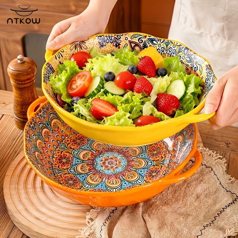 NTKOW 1 Piece Bohemian Style Large Soup Bowl / Soup Pot! Extra-Large Size with Double Ear Handles, Microwave Safe. Ideal for Family Soups or Gatherings. Suitable for Sea Shipping – Sturdy Design Ensures Transport Safety