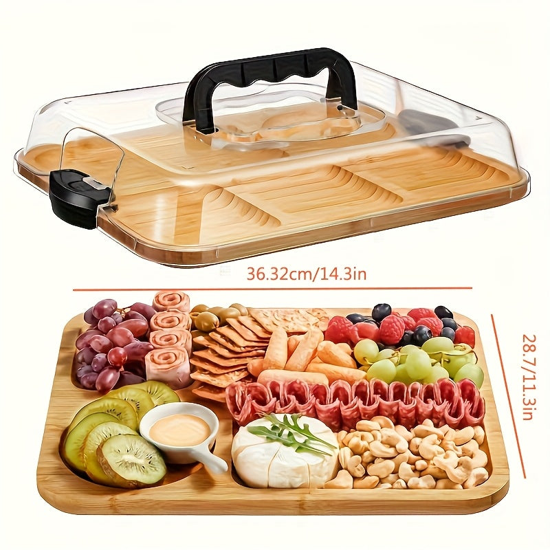 1pc Cheese Tray with Clear Acrylic Lid – Portable Charcuterie Board for Camping, Parties, Restaurants | Serving Tray for Holiday Appetizers, Deli & Snacks – Reversible as Cutting Board – Party Snack Organizer, Secure Snap-On Lid