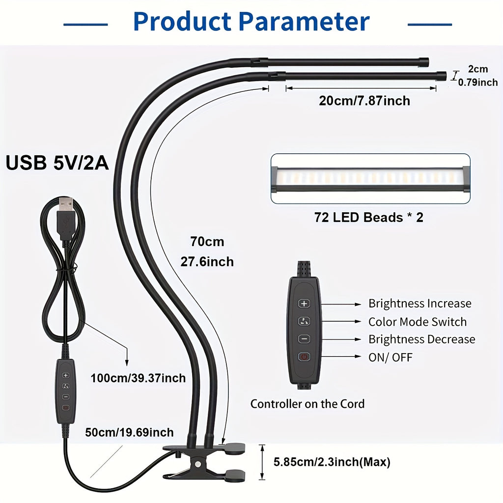 1 modern LED desk lamp, with 2 LED tubes, clip-on design, 3 color modes, 10 brightness levels, dimmable, flexible gooseneck, USB powered, switch control, plastic material, suitable for home office reading and task lighting