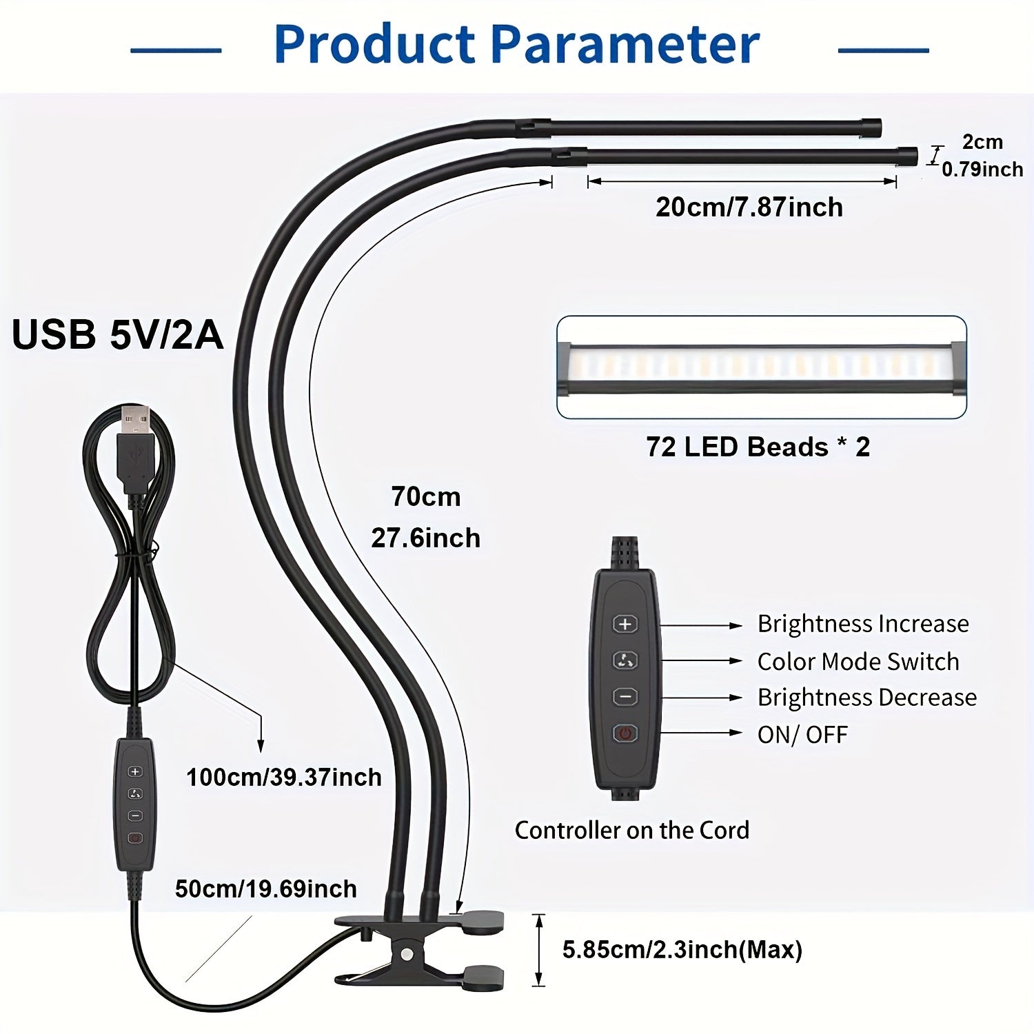 1 modern LED desk lamp, with 2 LED tubes, clip-on design, 3 color modes, 10 brightness levels, dimmable, flexible gooseneck, USB powered, switch control, plastic material, suitable for home office reading and task lighting