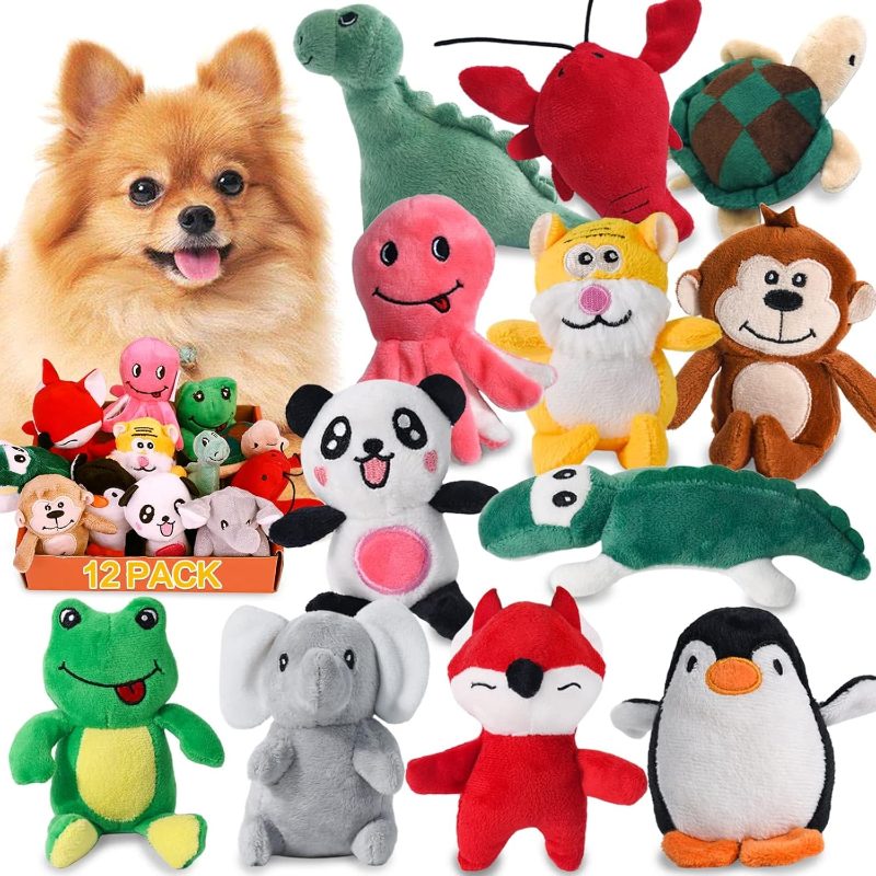 小狗玩具，适合幼犬、小型犬、中型犬，填充毛绒小狗玩具批量装，含12件毛绒宠物狗玩具套装，可爱安全狗狗咀嚼玩具包，幼犬长牙期（12个狗狗玩具）
