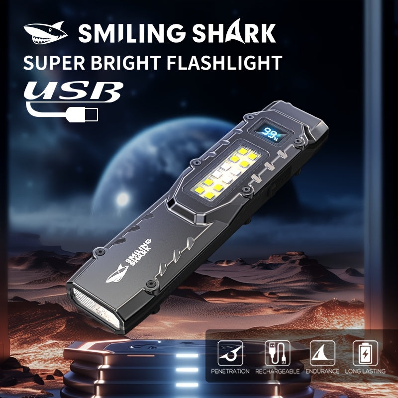 SMILING SHARK SD5308 Flashlight, LED Flashlight, COB High-Brightness Floodlight, Tail Portable Switch, 9 Modes, Type-C Charging, Digital Battery Level Indicator, Pocket Clip, Perfect for Outdoor Hiking, Work, Search, Exploration & Home Use