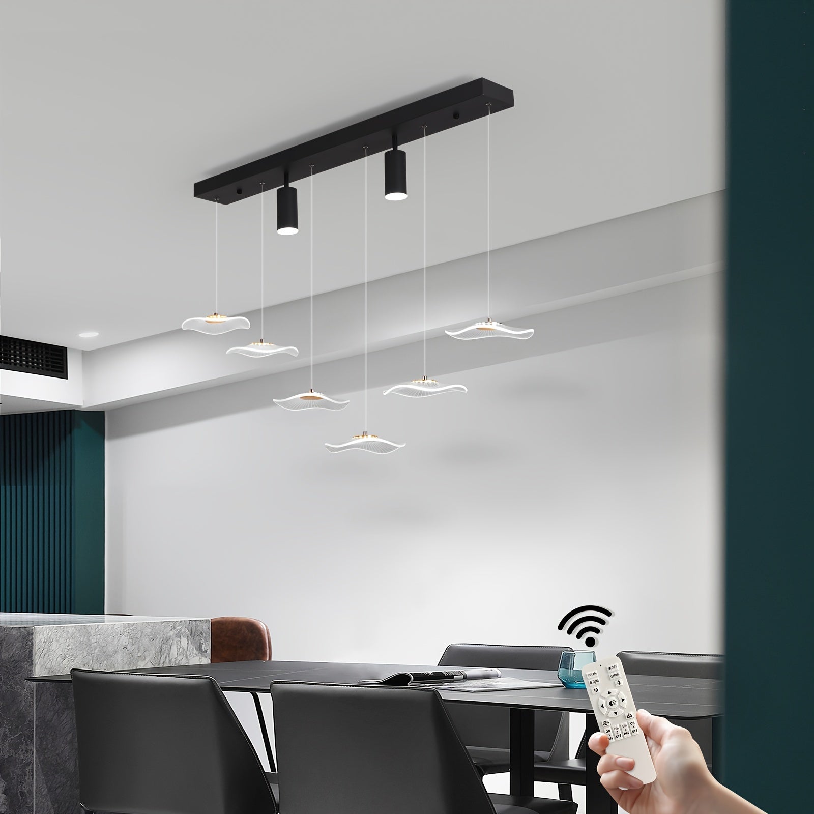 Enkerr modern style 6-head dimmable LED pendant light, with remote control, adjustable color temperature (3000K-6000K) and brightness, infrared remote control, memory function, large ceiling light suitable for kitchen island