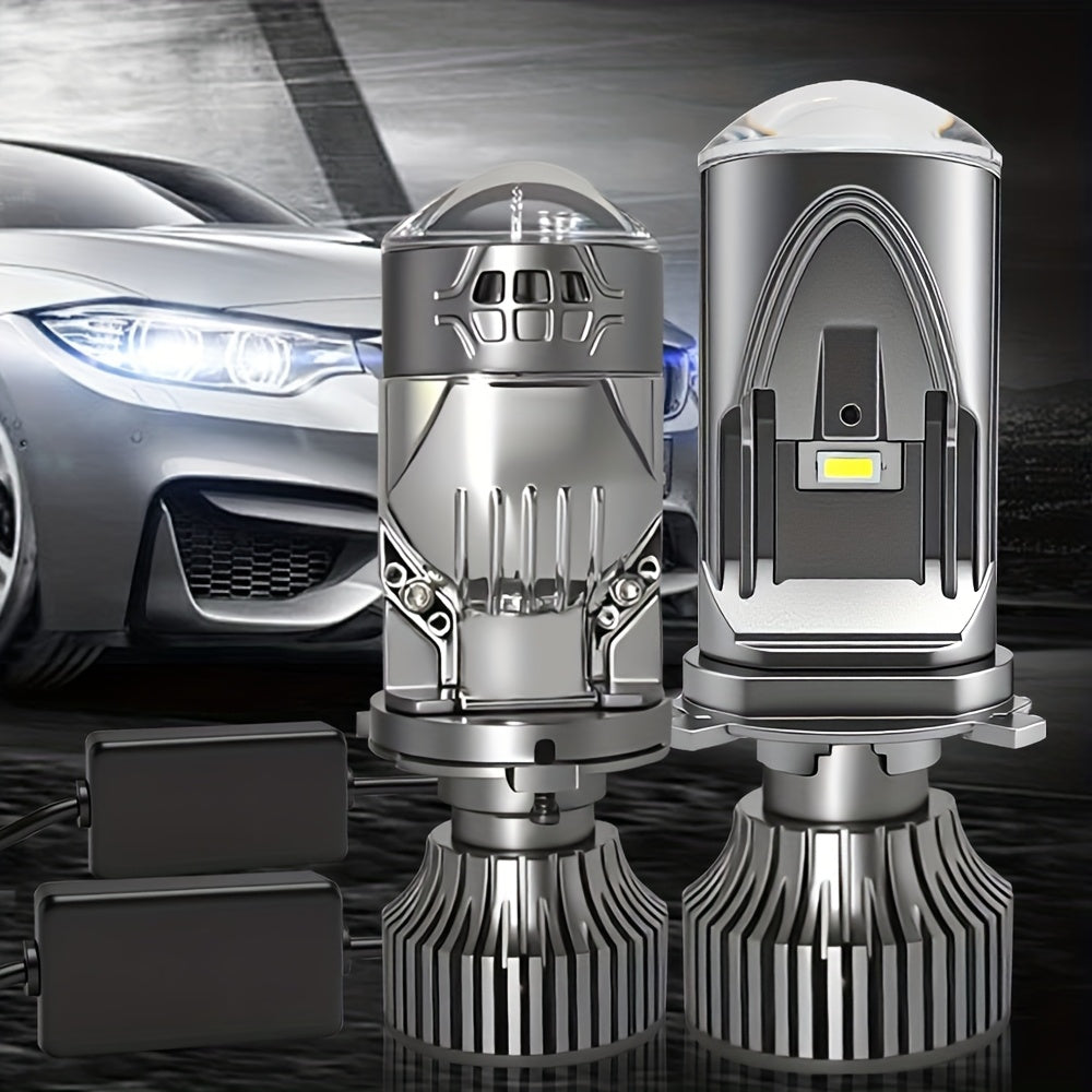 Two H4-QD054 Super Bright 6500K White Light CSP LED Headlights, Luminous Flux Up to 50000LM per Pair, Lens Design for Ideal Beam, Built-in Driver with Fan for Extended Lifespan, No Battery Included