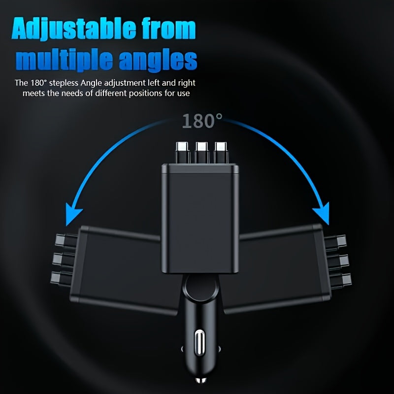 The 7-in-1 Car Fast Charger Adapter Comes With 3 Type-C Data Cables, Which Can Be Extended Freely And Rotate 180°. It Features LED Intelligent Display And Anti-tangling Design. It Is A Must-have For Vehicles.