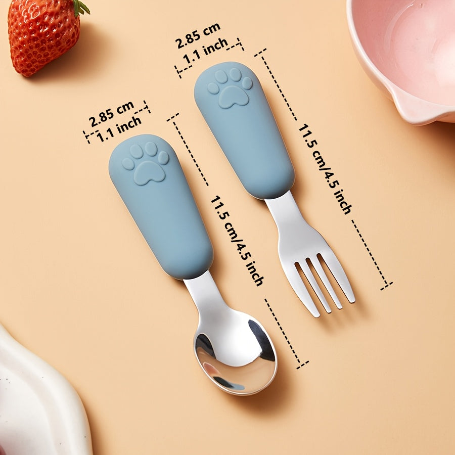 1/2 Set Bear Paw Shape Children's Short Handle Fork & Spoon Set – 304 Stainless Steel Non-Slip Grip | Baby & Toddler Self-Feeding Training Cutlery, Learning Meal Training Utensils