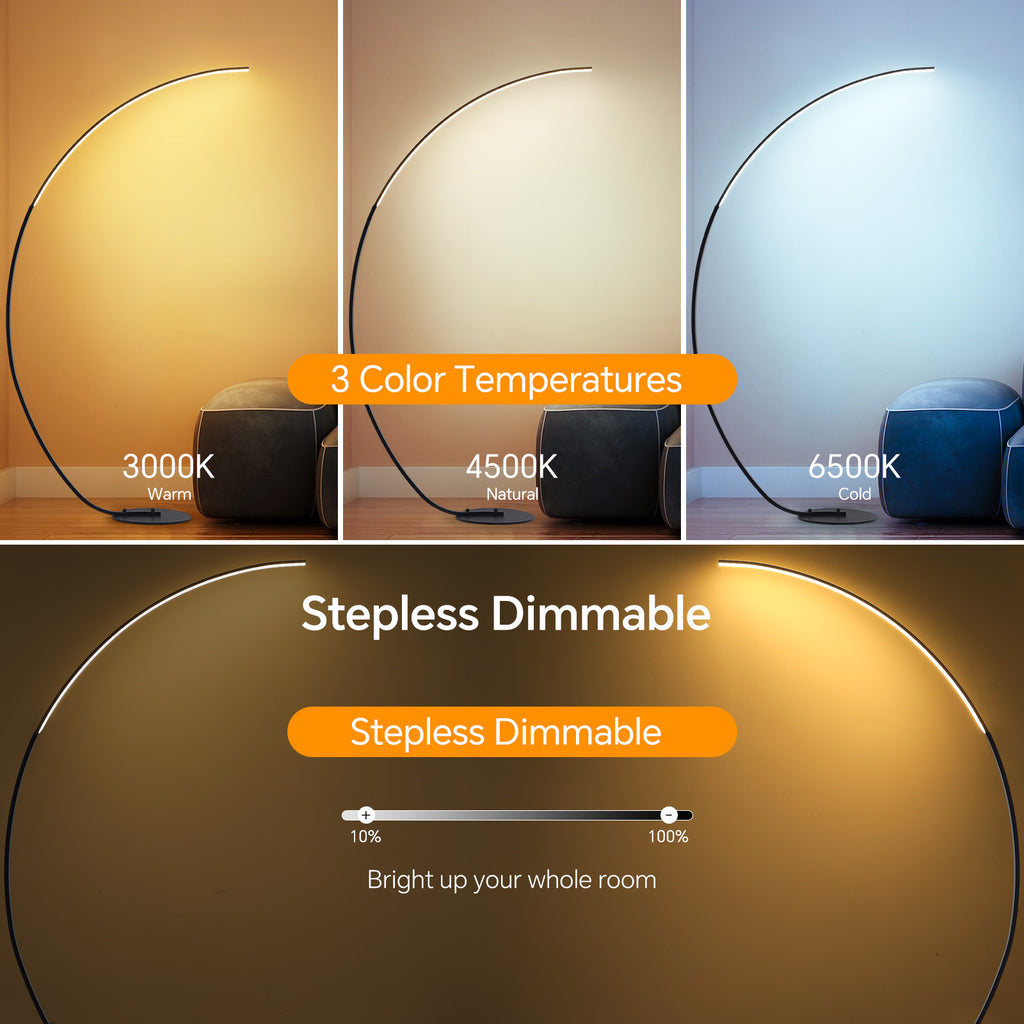 65-inch modern arc floor lamp with remote control, LED dimmable curved reading floor lamp, 3-color temperature vertical floor lamp, timer corner floor lamp, suitable for bedroom, living room, office