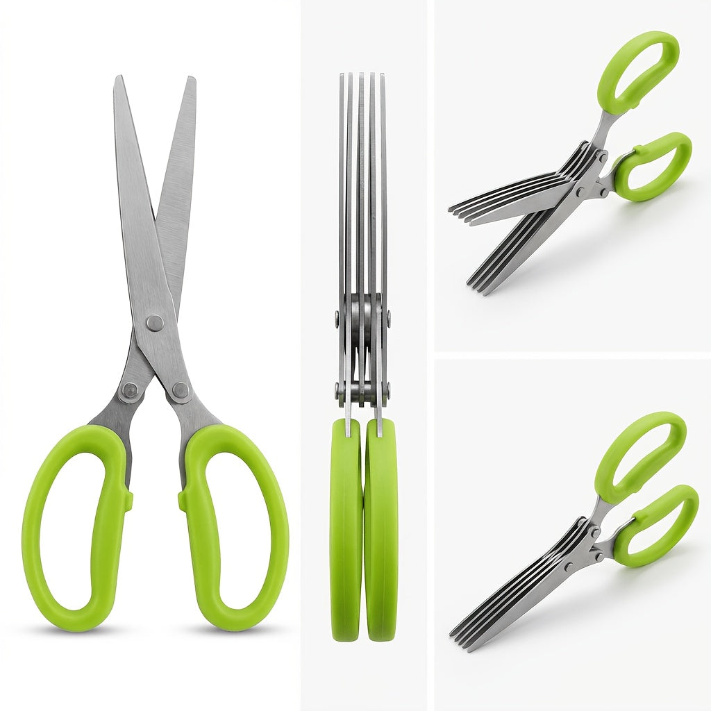 5-Layer Stainless Steel Kitchen Scissors - Multifunctional Onion & Herb Chopper, Suitable for BBQ & Indoor Use, with Protective Cover & Built-in Cleaner, Durable