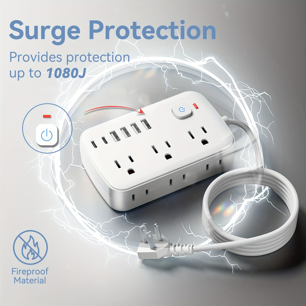 Travel Power Strip Featuring 12 Functions, Equipped with a 5FT/10FT Cord, 6 AC Outlets, 4 USB-A Ports, And 2 USB-C Ports, Includes Overload Protection And Can Be Mounted on a Wall for Desk Charging
