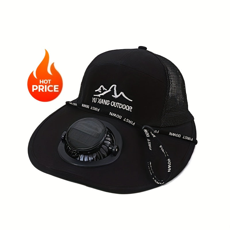 Wide Brim Solar Fan Sun Hat, Outdoor Leisure Hiking Hat, Adjustable Head Circumference Fits All Sizes. Built-in solar panel converts sunlight into electricity to drive the internal fan for continuous airflow