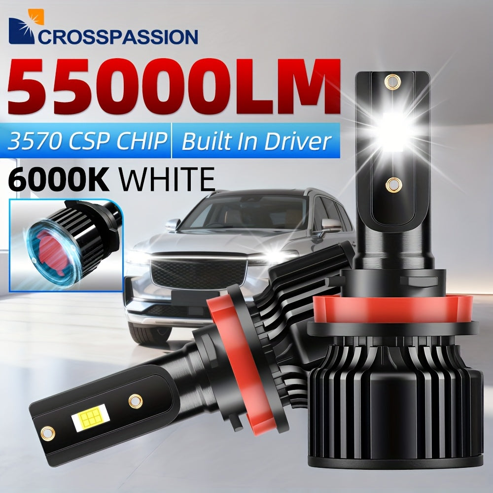 CROSSPASSION 55000 Lumens LED Headlights, Compatible with 9005 HB3 9006 HB4 H1 H4 H7 H11 H13 9007 High/Low Beam Bulbs, 3570 CSP Chip, 6000K White Light, Built-in Driver Plug-and-Play, 2-Pack