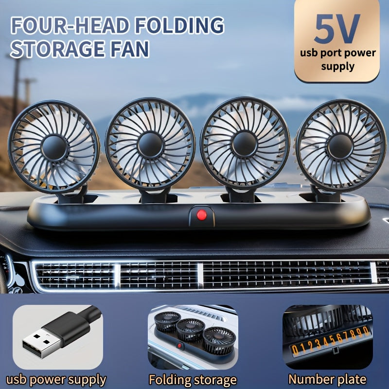 Foldable 4-Head Car Fan, 3-in-1 3-Speed 4-Cooling Fan, USB Interface Flexible Adjustment Space Saving, Low Noise 360° Rotation Multi-Directional Air Supply, Suitable for Car Home Laptop Accessories, Essential for Summer Driving Vehicle Ventilation