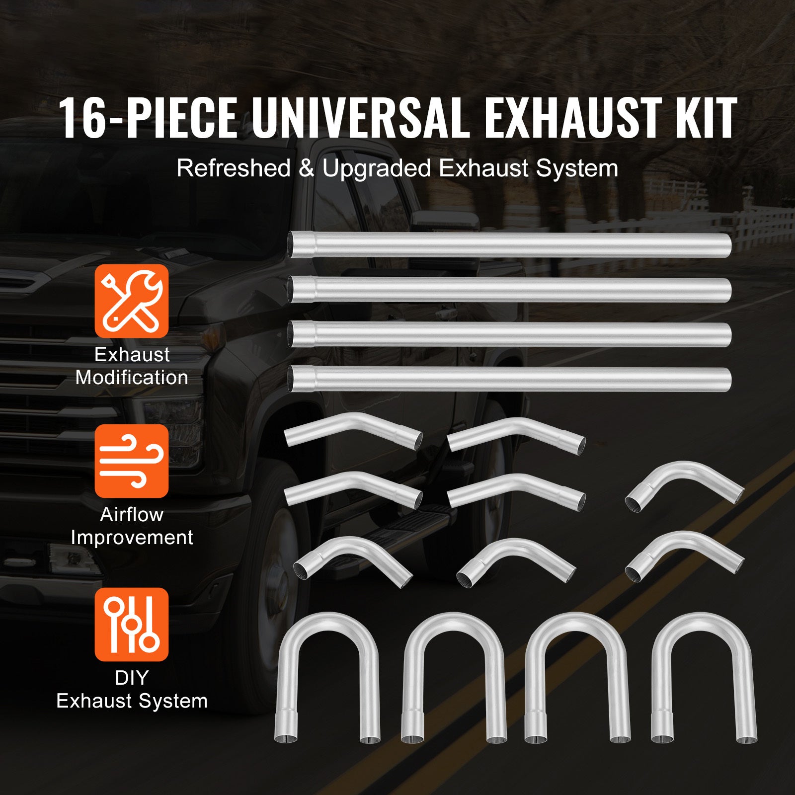 VEVOR DIY Universal Exhaust Kit 8/16 Pieces 2/2.25/2.5 Inch Exhaust Pipe Kit with Slip-on Connectors