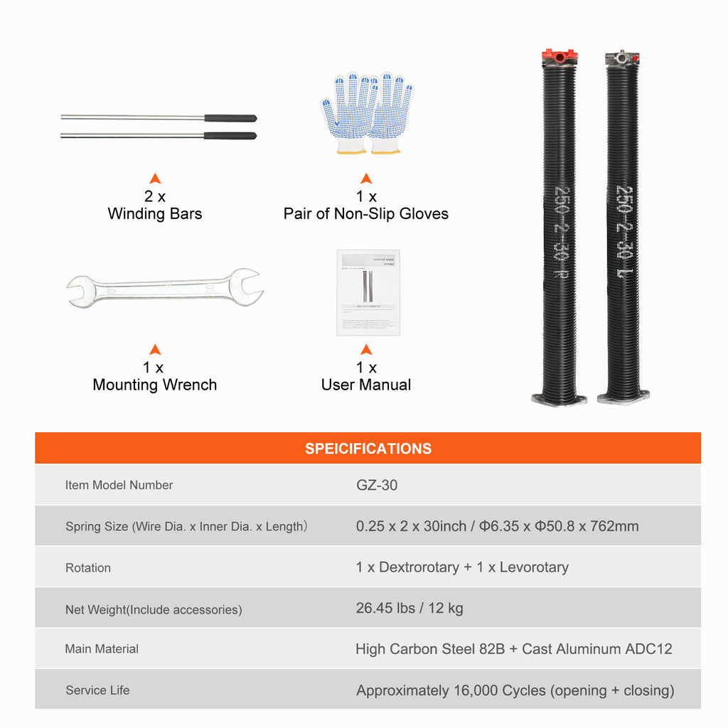 Garage Door Torsion Spring, 16,000 Cycles, 0.25 x 2 x 30in / 0.207 x 2 x 22in / 0.218 x 2 x 24in / 0.218 x 2 x 23in, with Non-Slip Winding Bars, Installation Tools and Gloves, Electrophoretic Coating, for Replacement