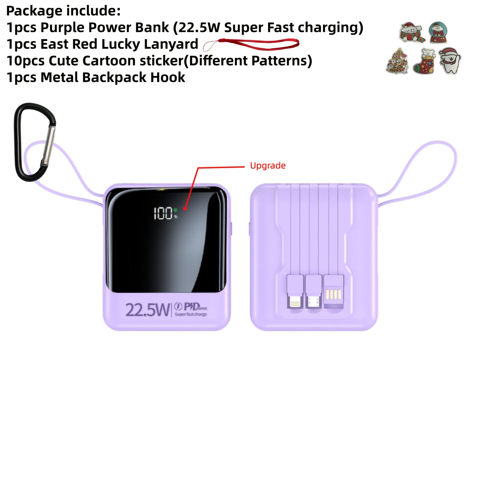 This Stylish And Compact 10, 000Mah Portable Power Bank Features Fast Charging at 5W, 15W, And 22.5W, with a Real-Time Battery Display And a Convenient Lanyard Design. It Includes a Bright LED Light And Comes with a Detachable 4-In-1 Cable