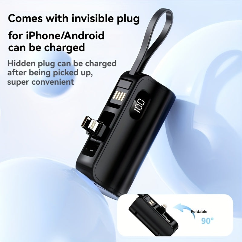 2026新款三合一迷你行動電源 5000mAh 充電寶，內建 USB-C 及 iPhone 雙充插頭，LCD 顯示螢幕電量，手機支架，附 USB 充電線