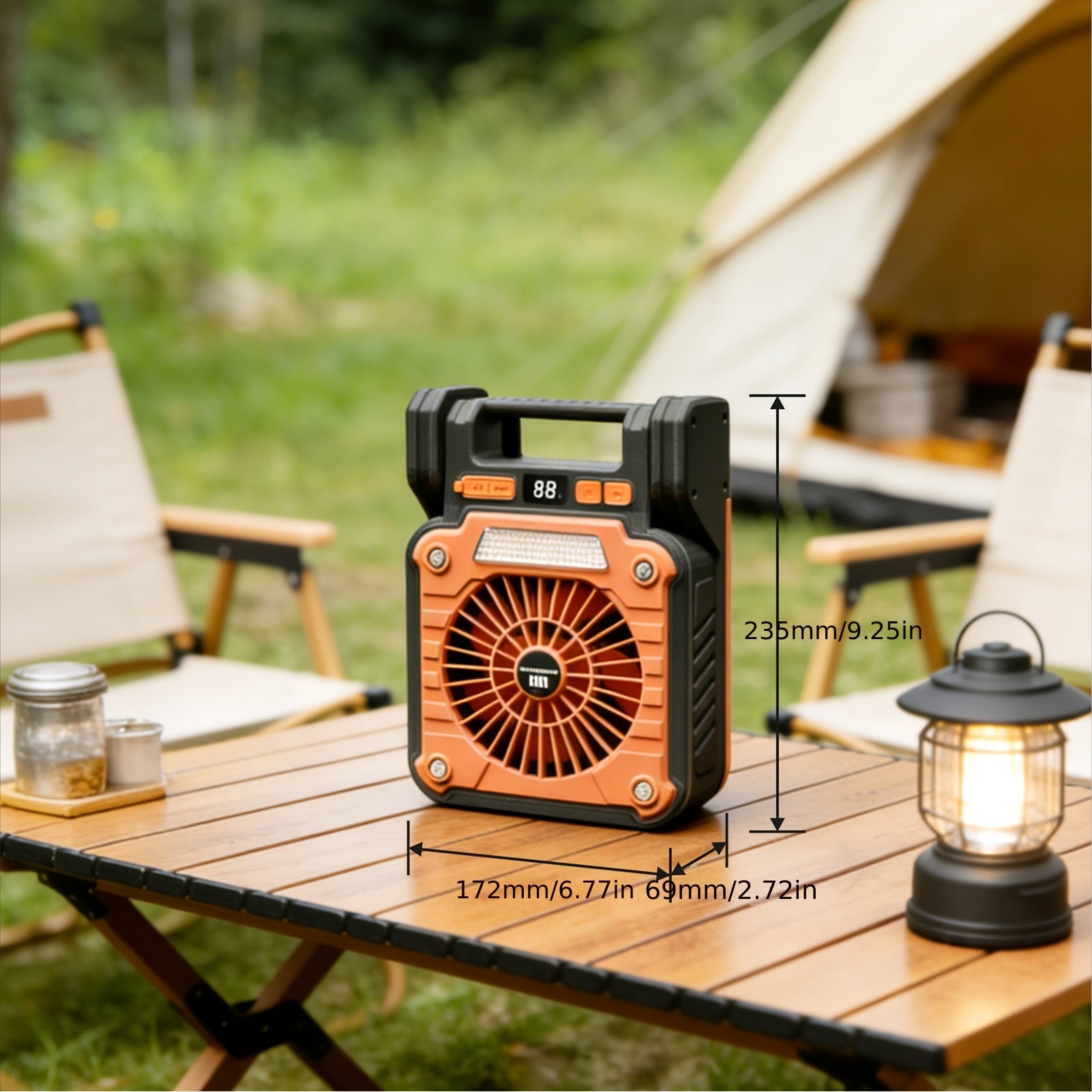 Portable Camping Fan, USB & Solar Charging, 3 Wind Speed Levels, Digital Power Display, 5 Lighting Modes, Emergency Light, Built-in Hook, Ideal for Camping & Auto Repair, Comes with Storage Bag
