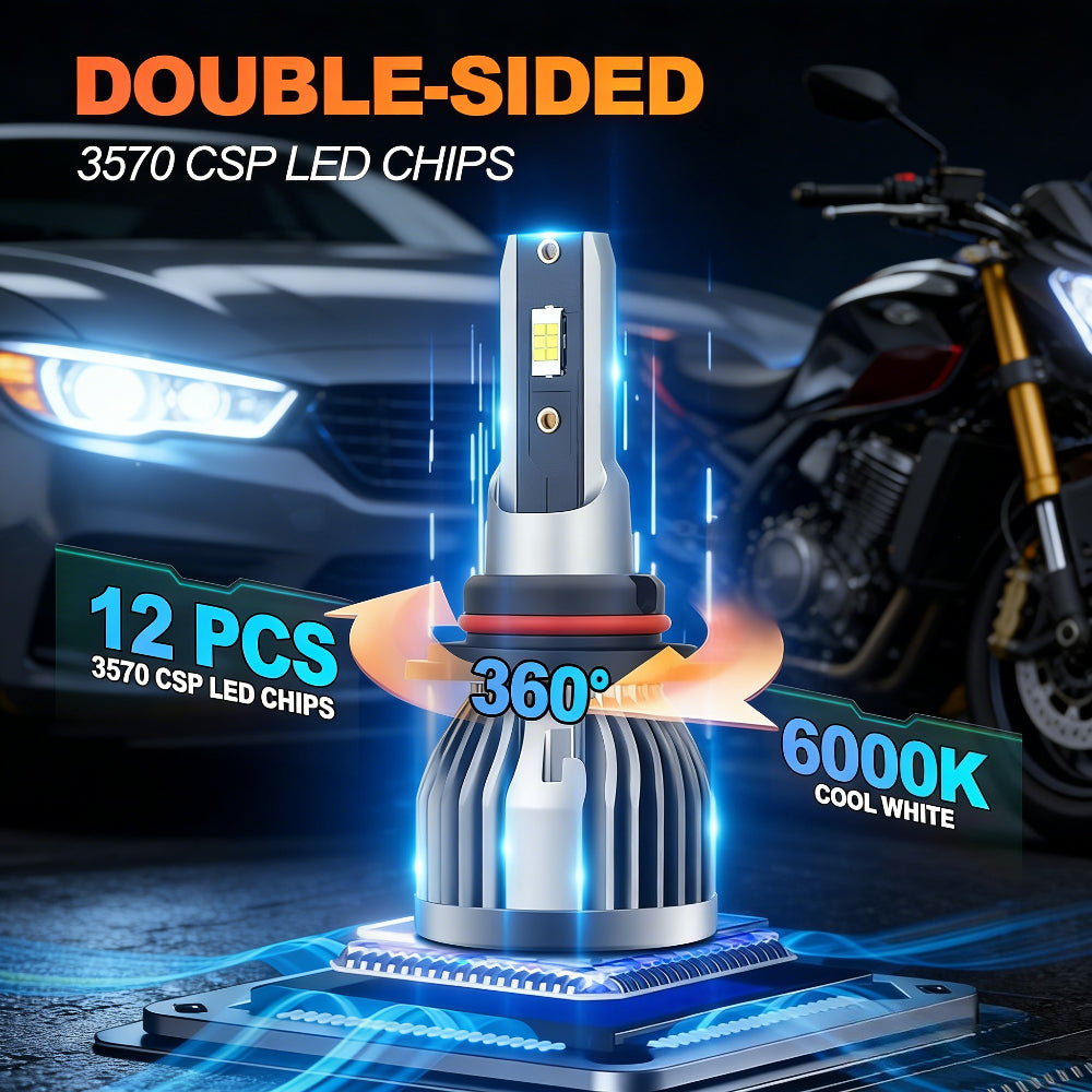 -Pack LED Headlights 60000 Lumens High Brightness 200W High Power 600% Brightness Increase 6000K White Light Output Equipped with High-Efficiency Turbo Fan Cooling Design Fits Most Car Models Plug-and-Play