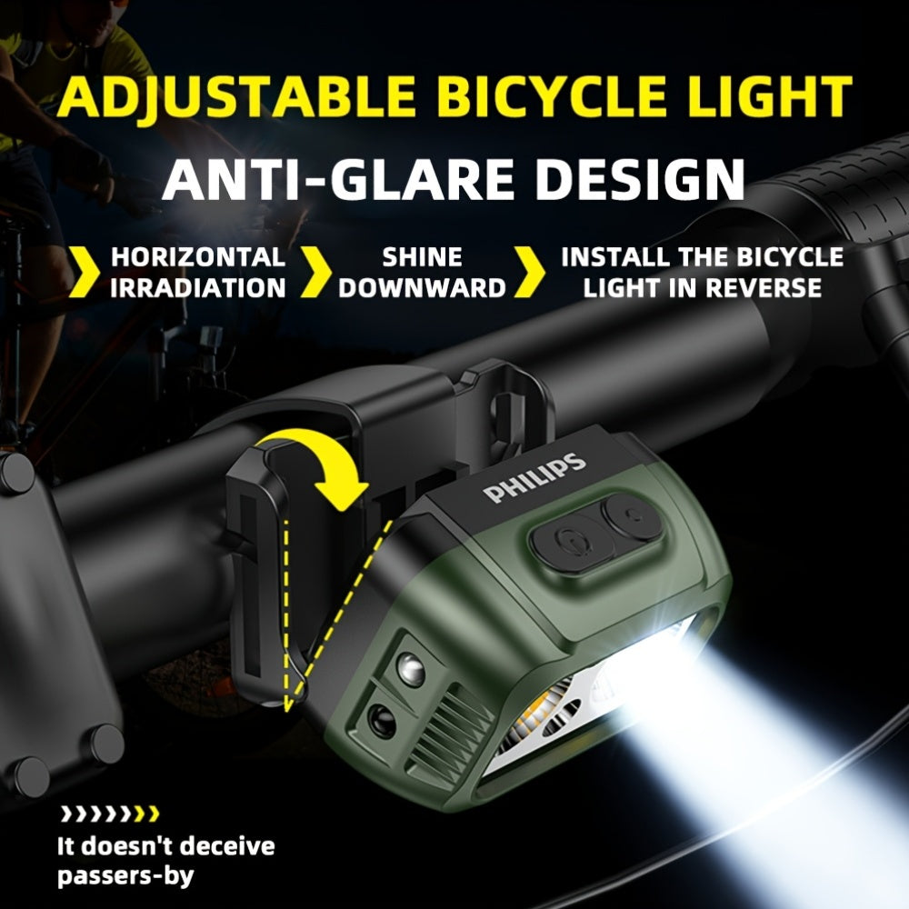 1P Philips Bike Headlight & Camping Light, Warm White Dual Light Modes, Multi-Level Dimming, Smart Motion Sensor, Wave Activated On/Off, Red & Blue Warning Light Function, Large Capacity Battery Long Endurance