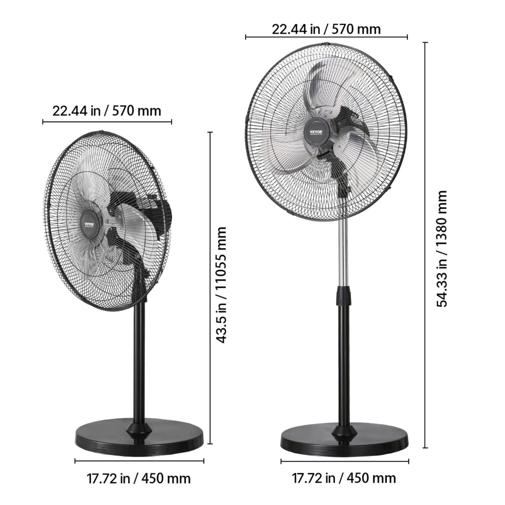 VEVOR 20 Inch Industrial Pedestal Fan, 3-Speed Oscillating Fan with Adjustable Height, 18/20/30 Inch Optional