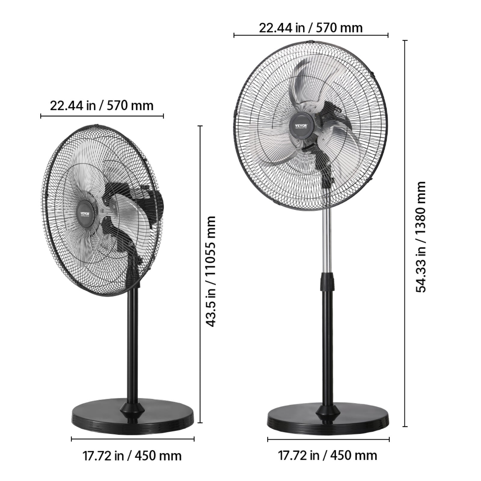 VEVOR 20 Inch Industrial Pedestal Fan, 3-Speed Oscillating Fan with Adjustable Height, 18/20/30 Inch Optional