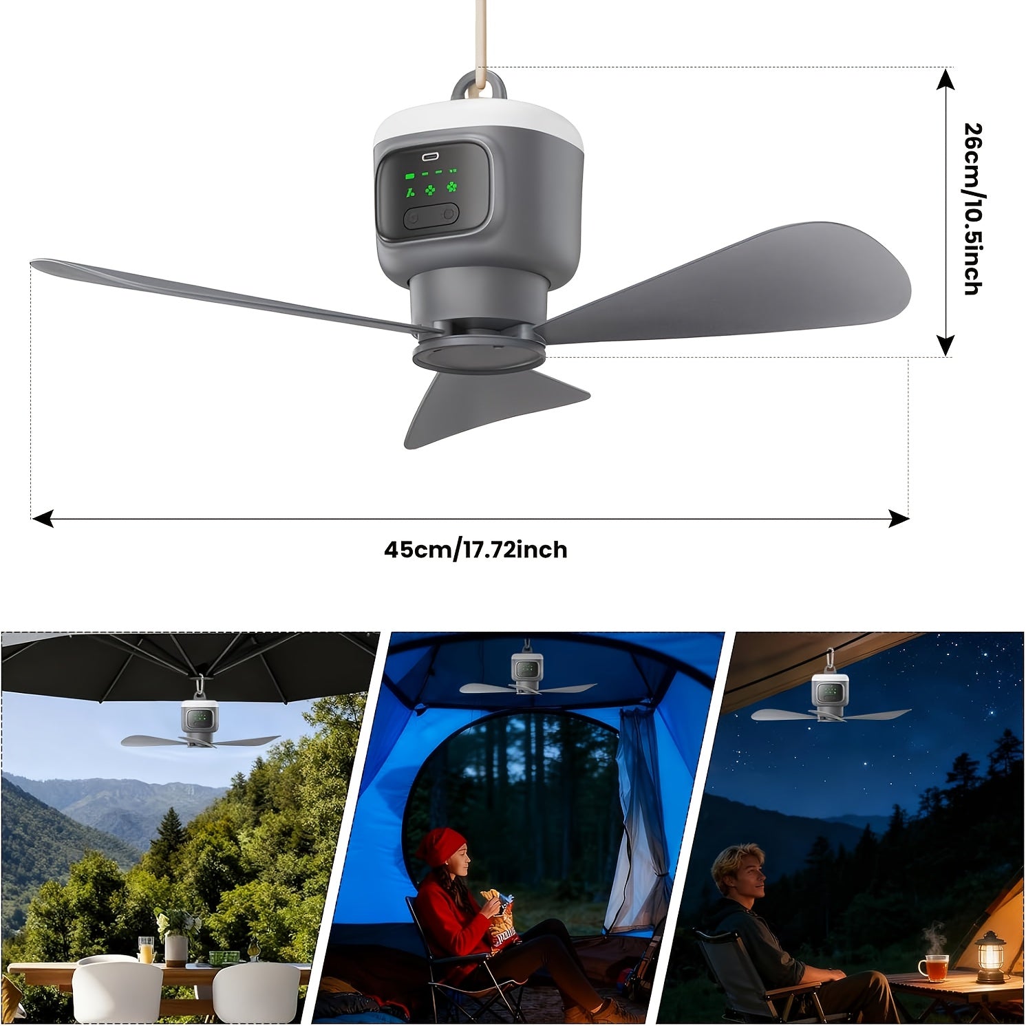 787.4"*590.55"*393.7", 33/8 PCS Set, USB Fast Charging Camping Fan, 3-Speed Adjustable, LED Lighting, 12000mAh Battery, Up to 30H Runtime, Remote Control, for Tent, RV, Camping