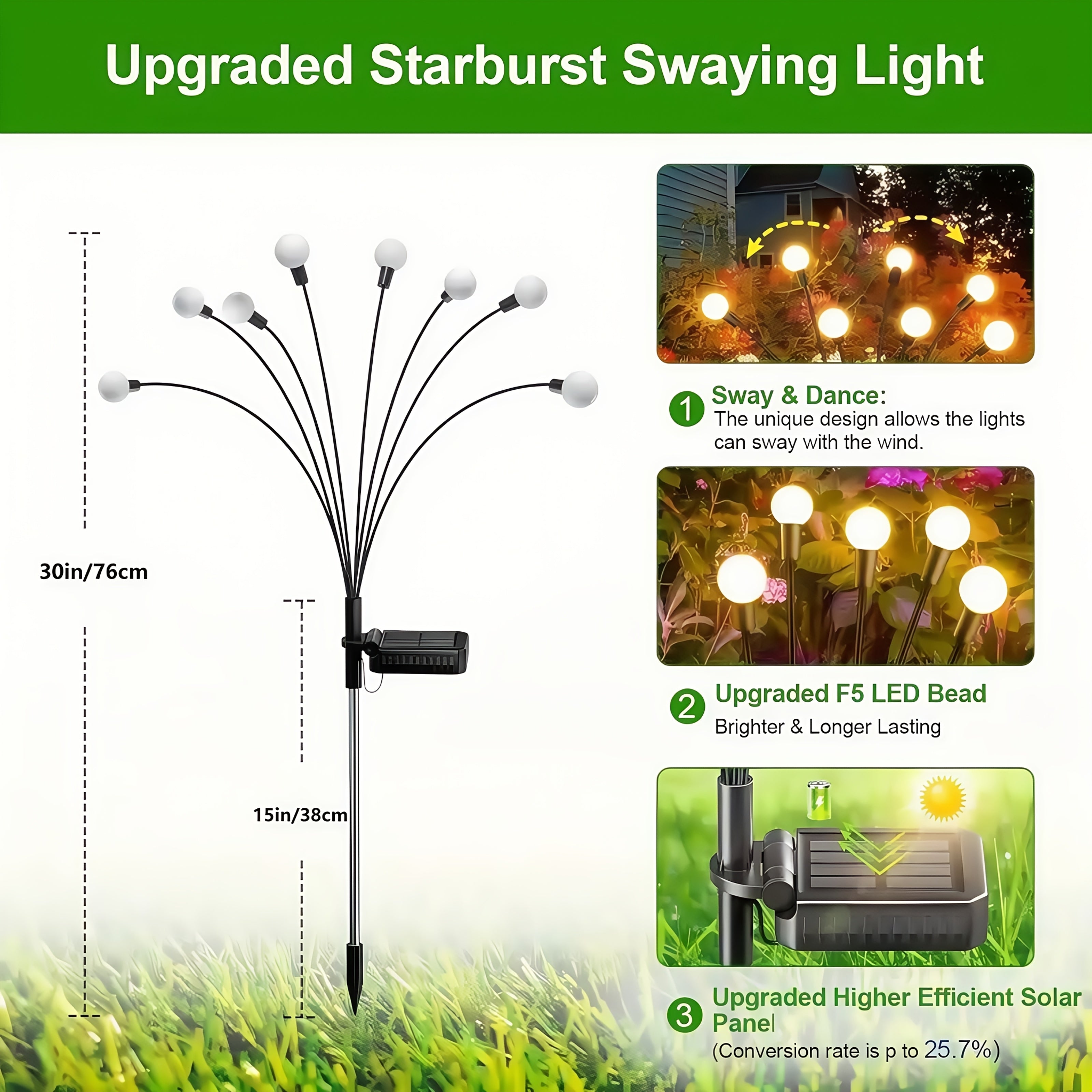 30-Inch 8-Piece LED Small White Ball Warm Light, Solar Powered, 8 Lighting Modes, Outdoor Swaying Light, Suitable for Outdoor Path, Garden, Courtyard Decorative String Light, Birthday Wedding Scene Decorative Atmosphere Creation