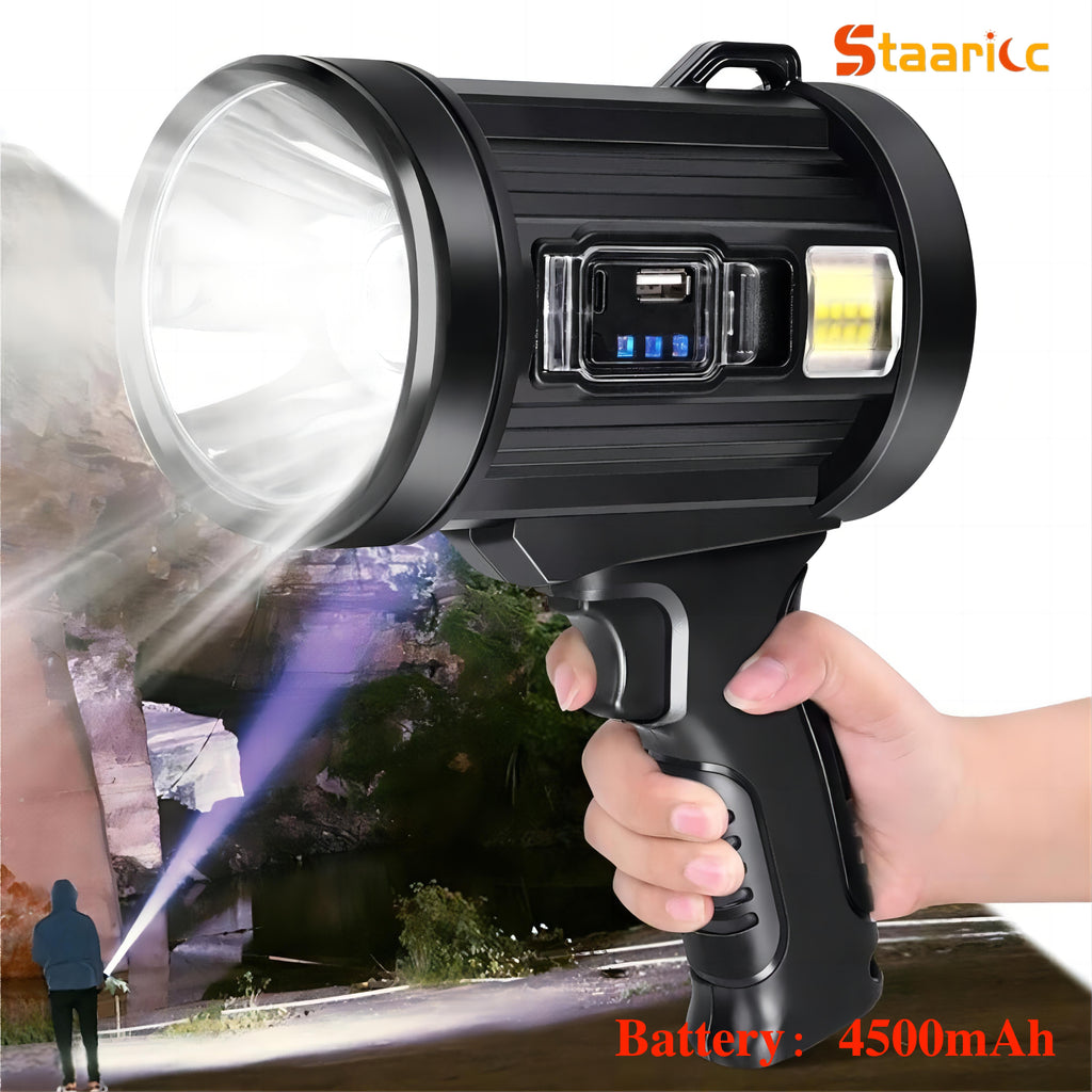 Staaricc rechargeable LED spotlight, ultra-high lumens, ultra-bright solar COB spotlight, 6 modes, 4-color temperature flashlight, large outdoor handheld searchlight suitable for hunting, camping, boating, USB port electronic light
