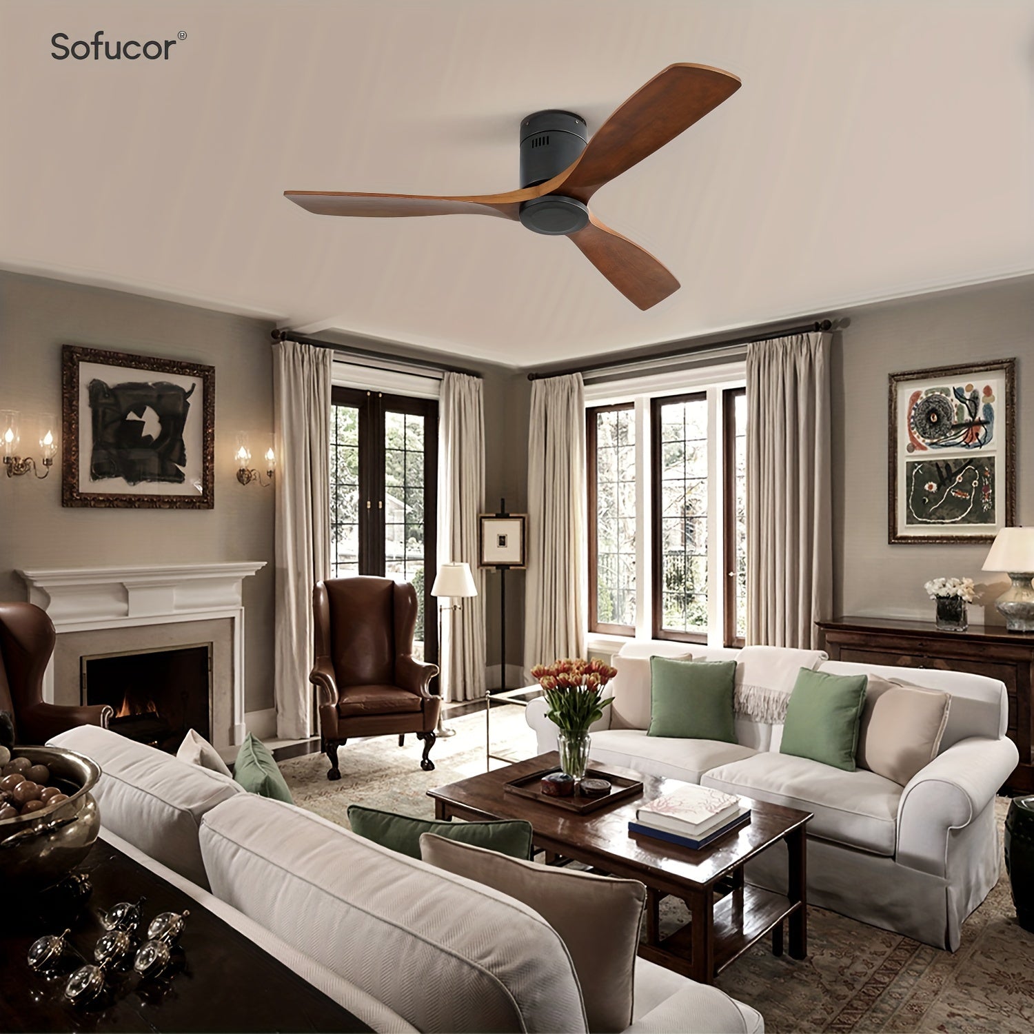 Sofucor 1pc 52" Flush Mount Ceiling Fan, Low Profile Ceiling Fan with Remote Control, Outdoor Ceiling Fan with 3 Double-Sided Walnut Blades, Noiseless DC Motor